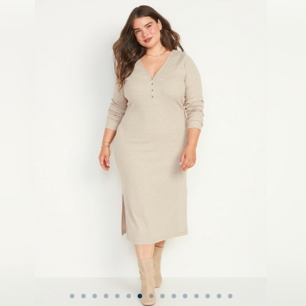 Old Navy Fitted Long-Sleeve Heathered Rib-Knit Henley Midi Dress Heather Biege